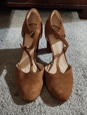 Clarks Brown Suede T-Strap Block Heels